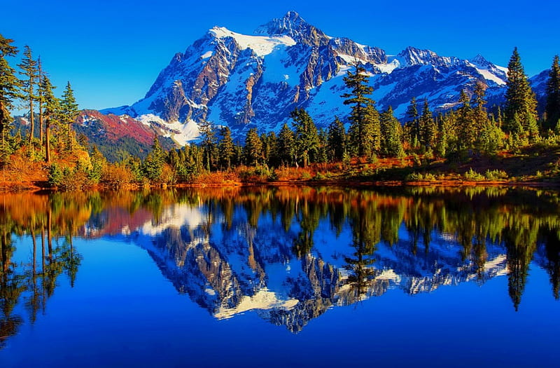 Reflections, shore, bonito, snowy, mountain, calm, peak, tranquility ...