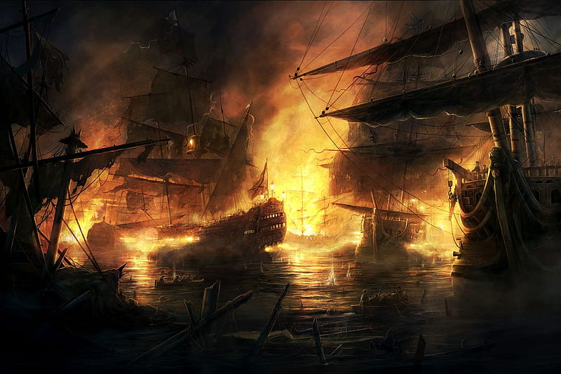 battle ship, ships, fire, water, battle, ship, light, HD wallpaper