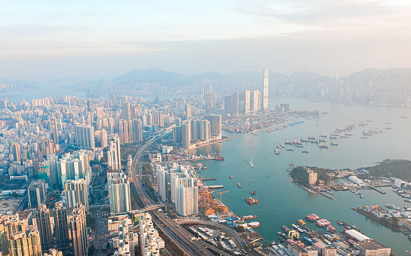 Hong Kong, aerial view, metropolis, Hong Kong skyscrapers, International Commerce Center, Hong Kong panorama, Hong Kong cityscape, Hong Kong skyline, Asia, HD wallpaper