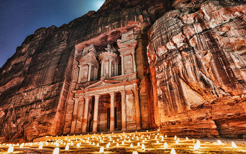 Petra, Al-Khazneh, The Treasury, Monastery, night, temple in the rock, the temple in the rock, burning candles near the temple, Jordan, HD wallpaper