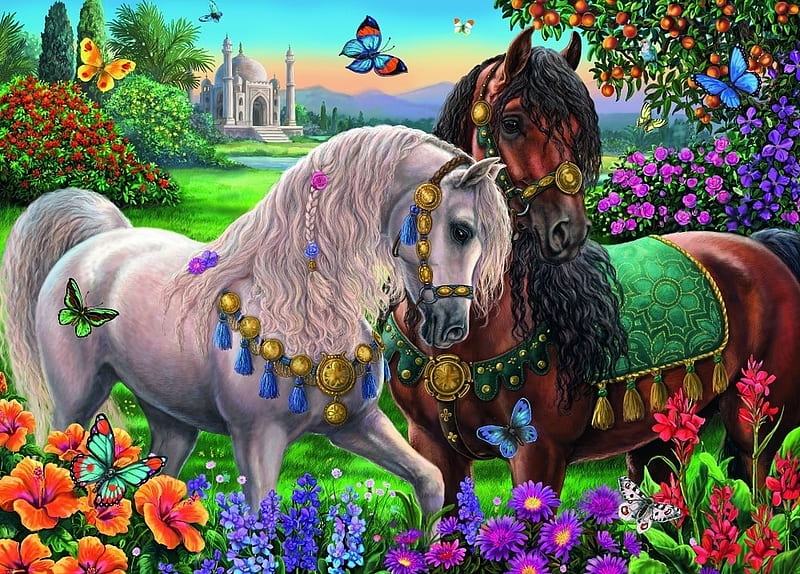 Adorned stallions, colorful, frumusete, luminos, brown, horse, animal, cal, butterfly, summer, flower, white, HD wallpaper