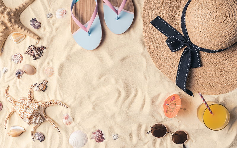 beach, sand, beach accessories, summer travel concepts, beach hat, seashells, HD wallpaper