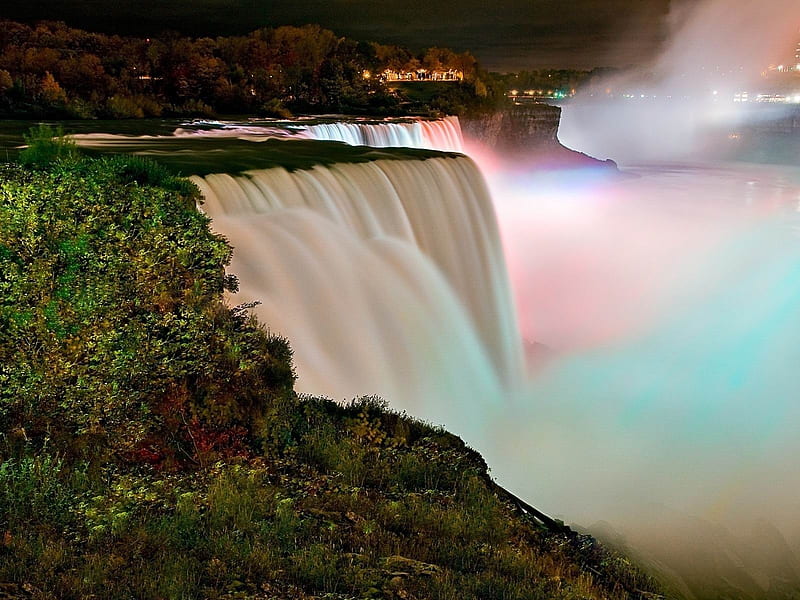 falls night rainbow stream-, HD wallpaper