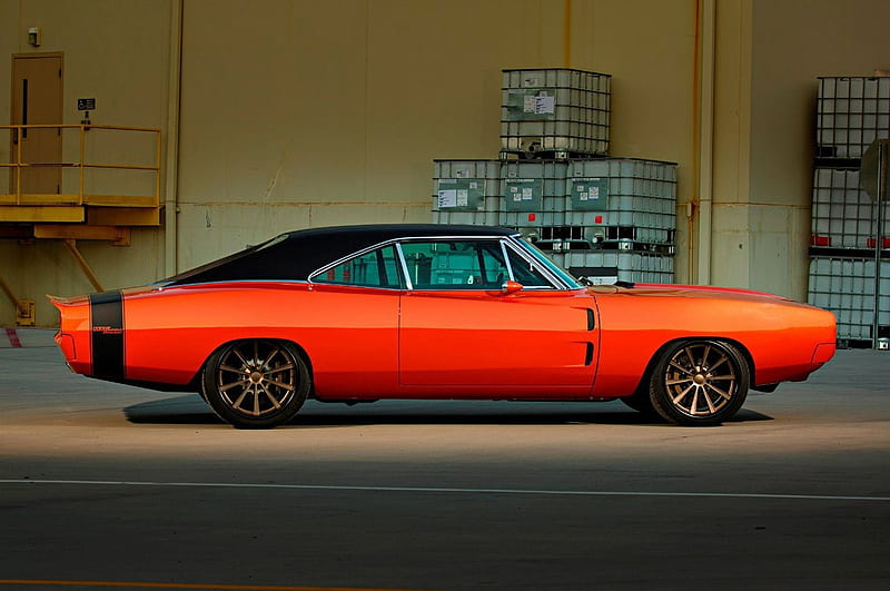 Camaro Experts Build Coolest Car Ever: A 1969 Dodge Charger!, Black Roof, Orange, Muscle, Mopar, HD wallpaper