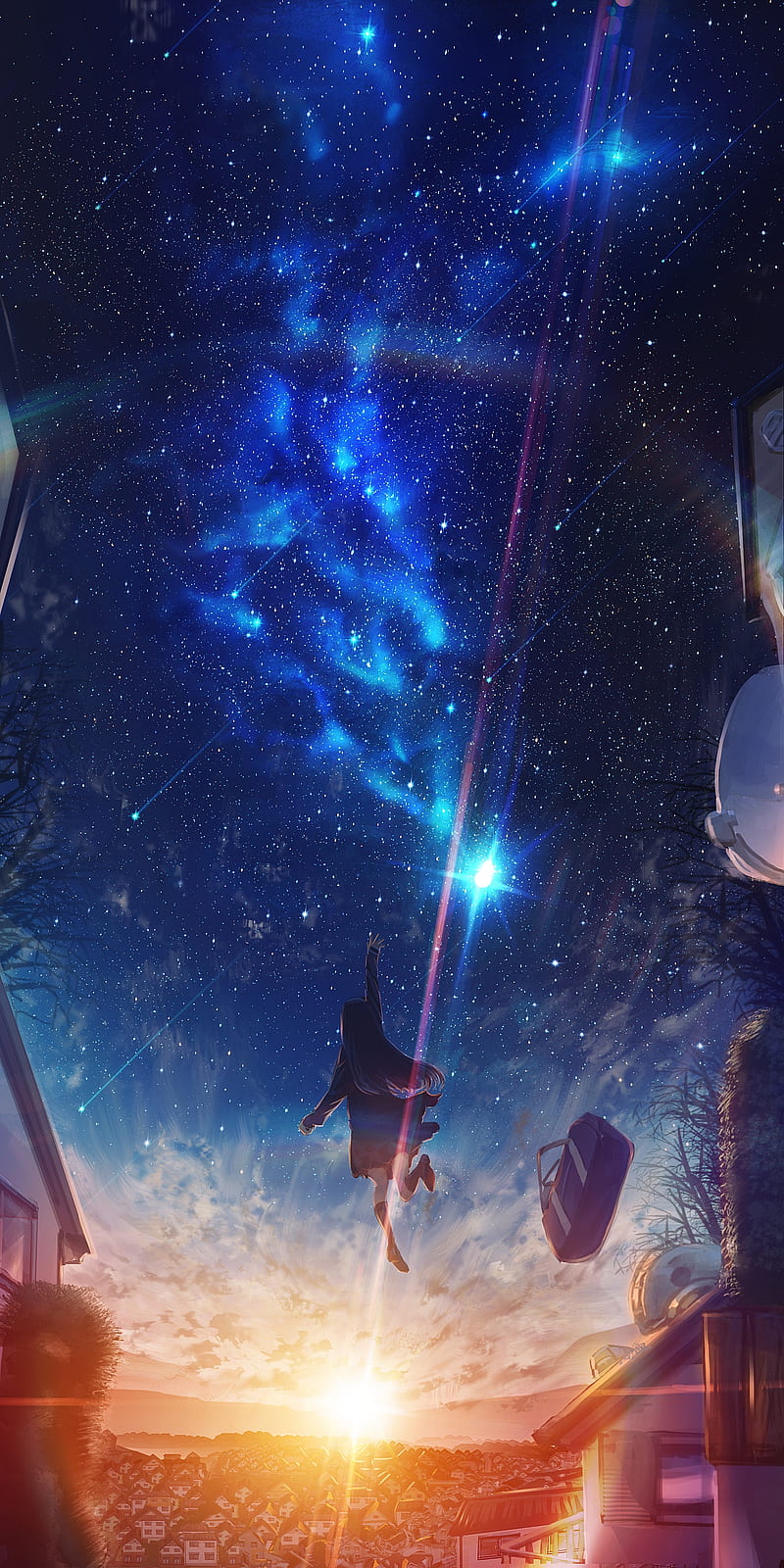 starry sky, anime girl, floating, sunset, houses, Anime, HD phone wallpaper