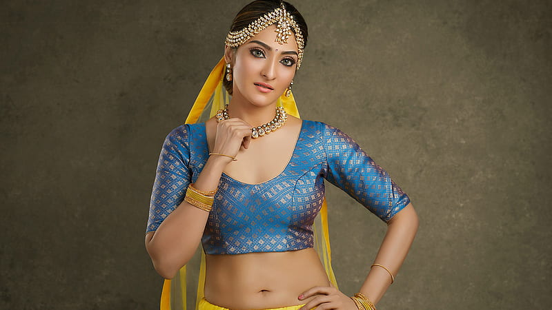 Akshara Reddy Is Wearing Blue Yellow Saree And Jewels Girls, HD wallpaper