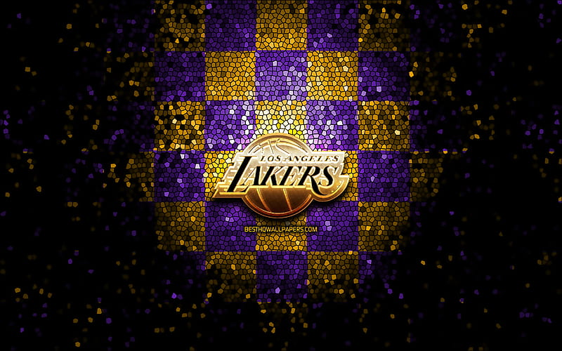 Los Angeles Lakers, glitter logo, NBA, violet yellow checkered background, USA, canadian basketball team, Los Angeles Lakers logo, mosaic art, basketball, America, LA Lakers, HD wallpaper
