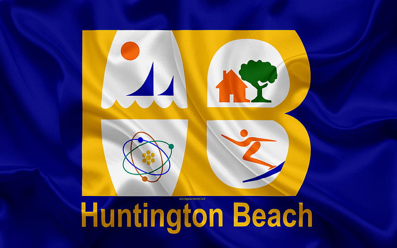 Flag of Huntington Beach silk texture, American city, blue silk flag, Huntington Beach flag, California, USA, art, United States of America, Huntington Beach, HD wallpaper