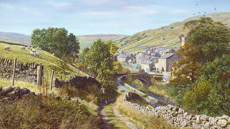 Yorkshire Dales Painting, Art, Sheep, Village, Dales, England, Man, Dog, Painting, Fields, Country, Yorkshire, HD wallpaper