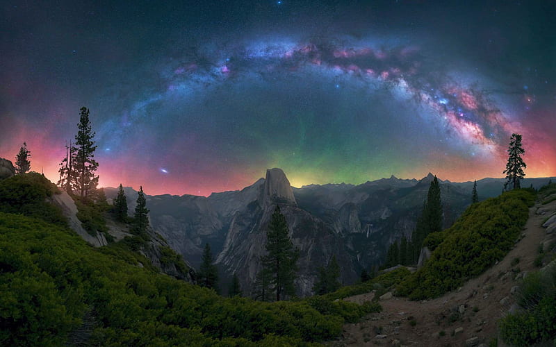 Yosemite National Park California, full Milky Way Panorama, colors, usa, california, lights, mountains, HD wallpaper