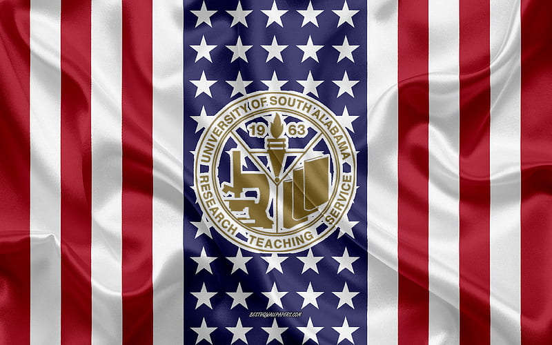 University of South Alabama Emblem, American Flag, University of South Alabama logo, Mobile, Alabama, USA, Emblem of University of South Alabama, HD wallpaper