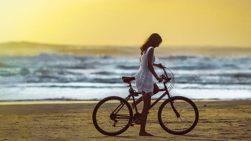 Woman in bicycle!, dress, white, woman, with, HD wallpaper