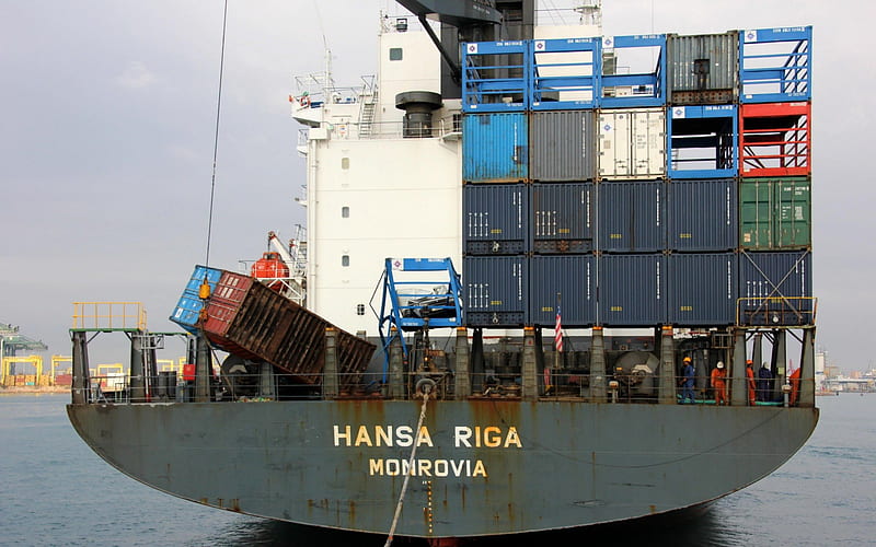 HANSA RIGA, accident, ship, container, whalf, HD wallpaper