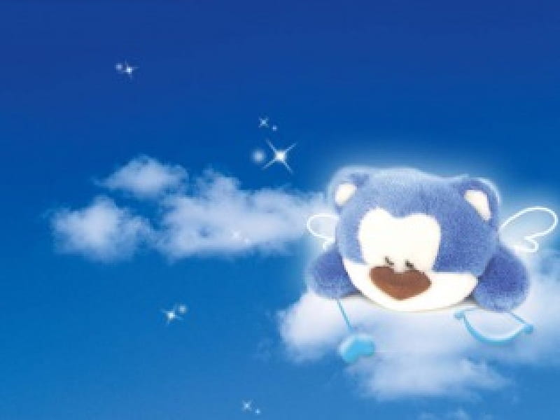 On Cloud 9, angel wings, blue bear, twinkly stars, clouds, sky, blue heart, HD wallpaper