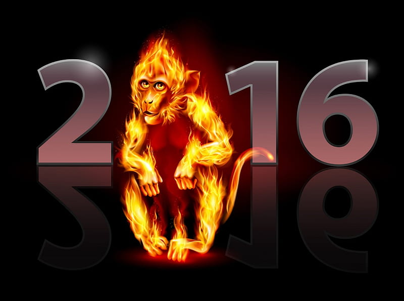 Happy New Year!, 2016, orange, black, zodiac, yellow, new year, animal, card, monkey, fire, chinese, HD wallpaper