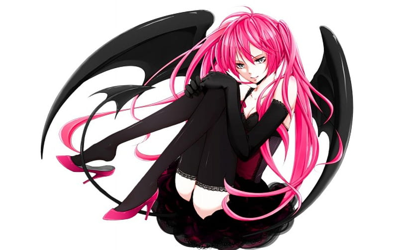 Devil Yui, wings, skirt, socks, white background, gray eyes, angel bats, anime, yui, devil, pink hair, HD wallpaper