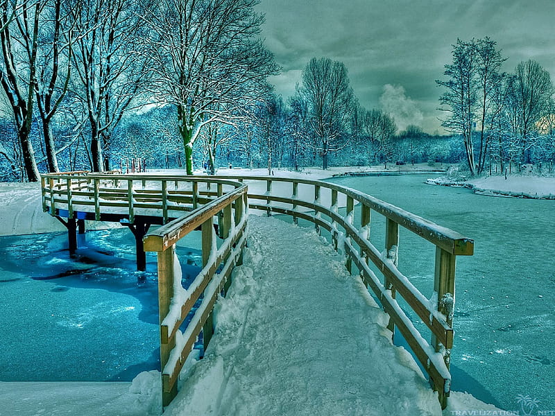 Winter Bridge, winter scene, blue winter, winter scenery, winter beauty, winter, winter landscape, Amazing Winter Landscape, amazing winter, snowy bridge, beautiful winter, HD wallpaper