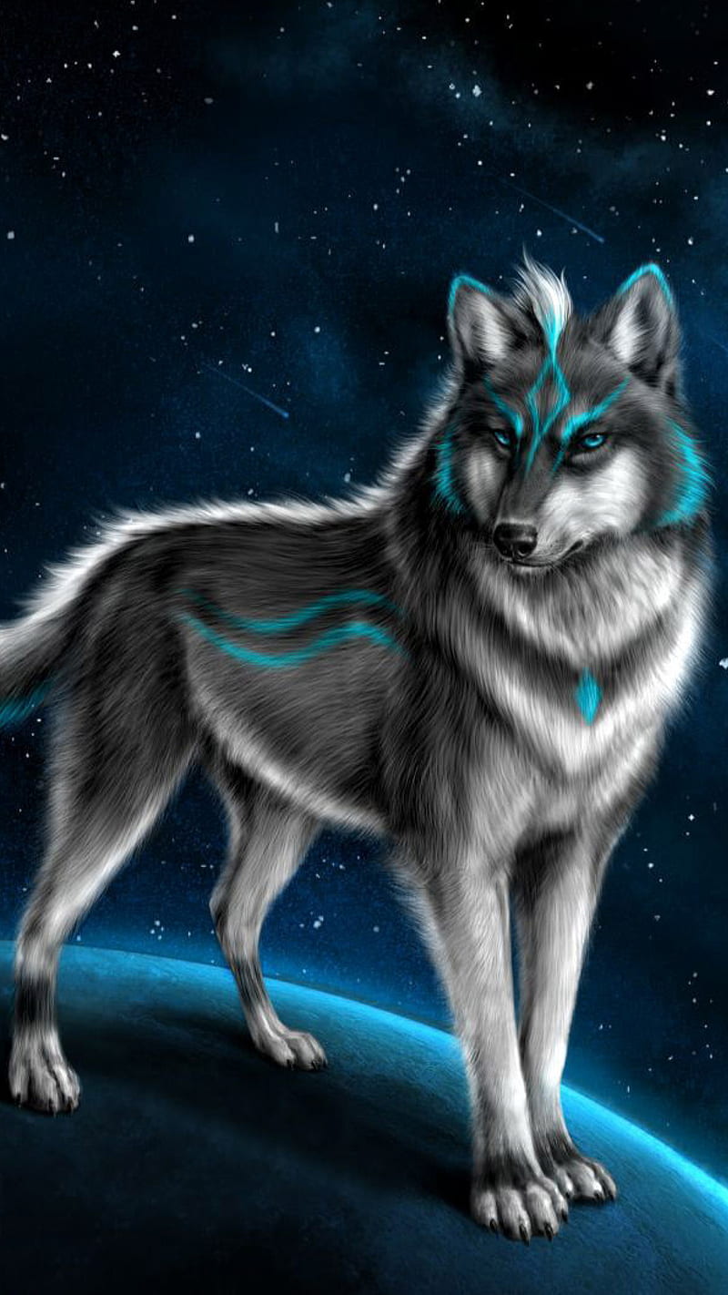 fantasy wolf, animal, blue, fantasy, stars, wolf, HD phone wallpaper