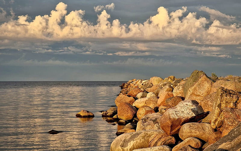Stone Breakwater, clouds, Latvia, sea, rocks, HD wallpaper