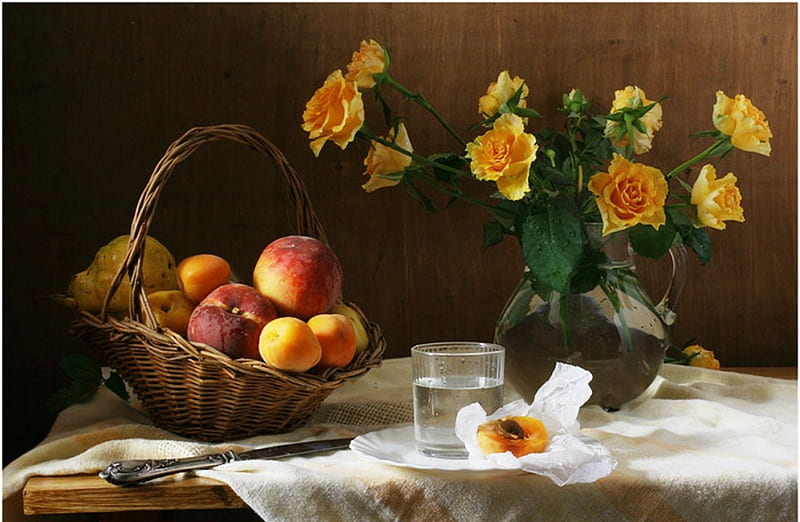Still life, fruits, yellow, vase, peaches, flowers, apricots, roses, abstract, glass, water, pears, basket, tasty, summer, nature, natural, HD wallpaper