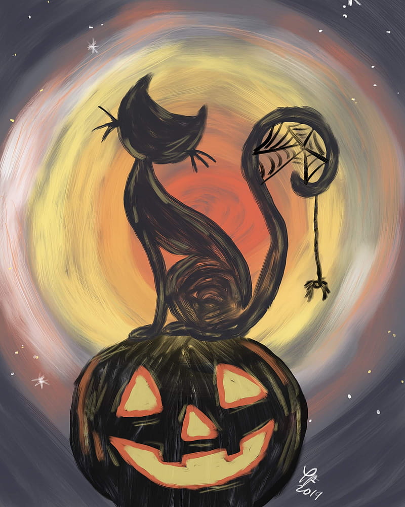 Spooky Cat, black, cat, halloween, oil, pastel, pumpkins, HD phone wallpaper