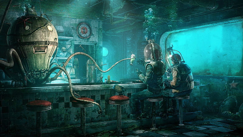 underwater restaurant, sci-fi, post-apocalyptic, sci-fi, Fantasy, HD wallpaper