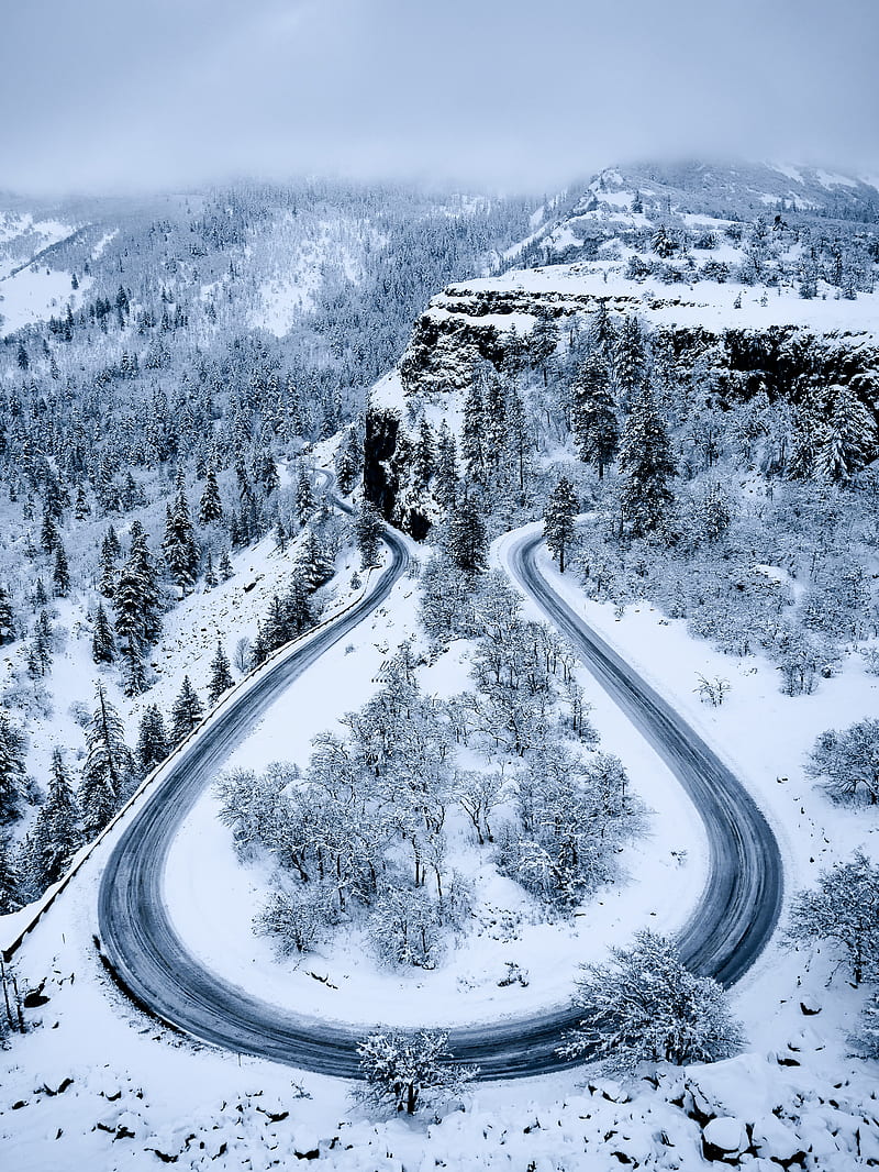 road, mountains, aerial view, snow, winter, HD phone wallpaper