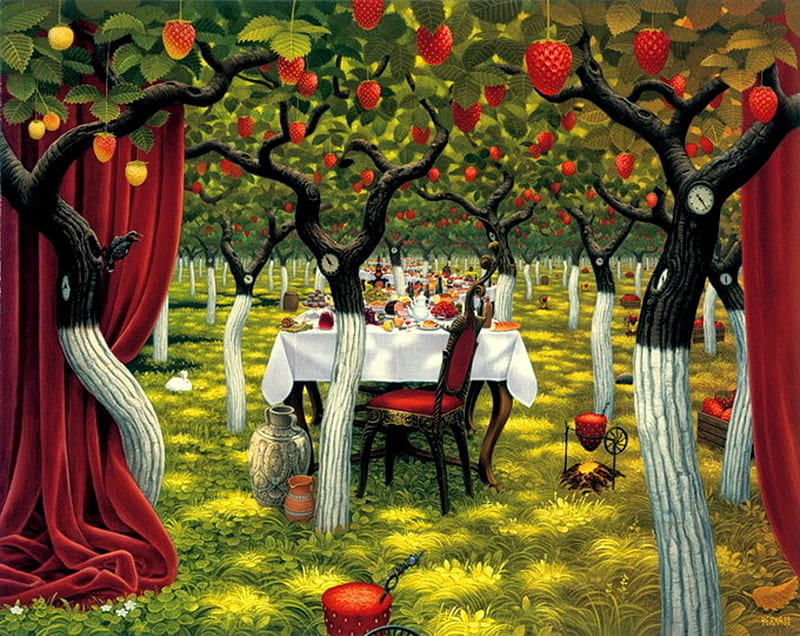 Strawberry Fields Forever, strawberries, drapes, tables, trees, HD wallpaper