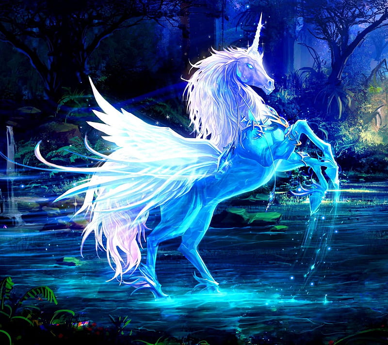 unicorn, blue, fantasy, HD wallpaper