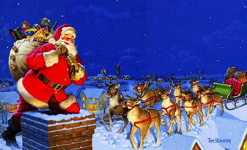 Santa on the Roof, sleigh, christmas, snow, reindeer, chimney, HD wallpaper