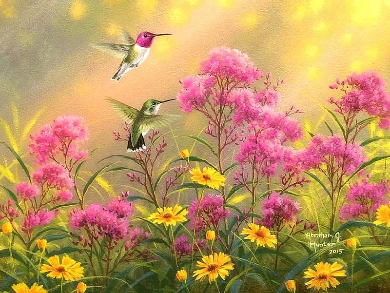 Hummingbirds & Wildflowers, hummingbirds, love four seasons, birds, cute, paintings, wildflowers, summer, flowers, lovely flowers, animals, HD wallpaper