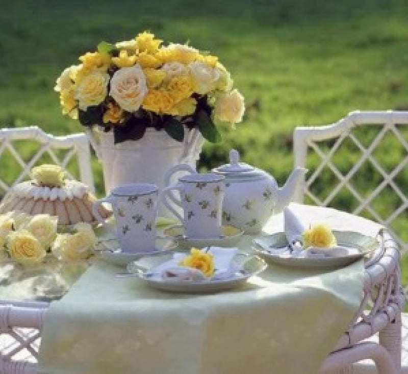 Garden Tea Party, still life, flowers, garden, nature, tea party, HD wallpaper