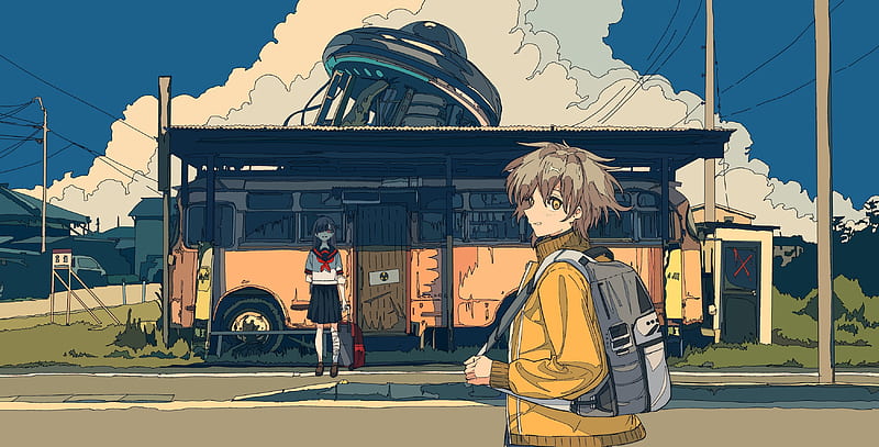 yandere anime girl, bus stop, school uniform, polychromatic, creepy, Anime, HD wallpaper