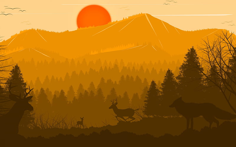 Sunset, wolf, silhouette, deer, vector, forest, brown, orange, mountain, tree, fox, HD wallpaper