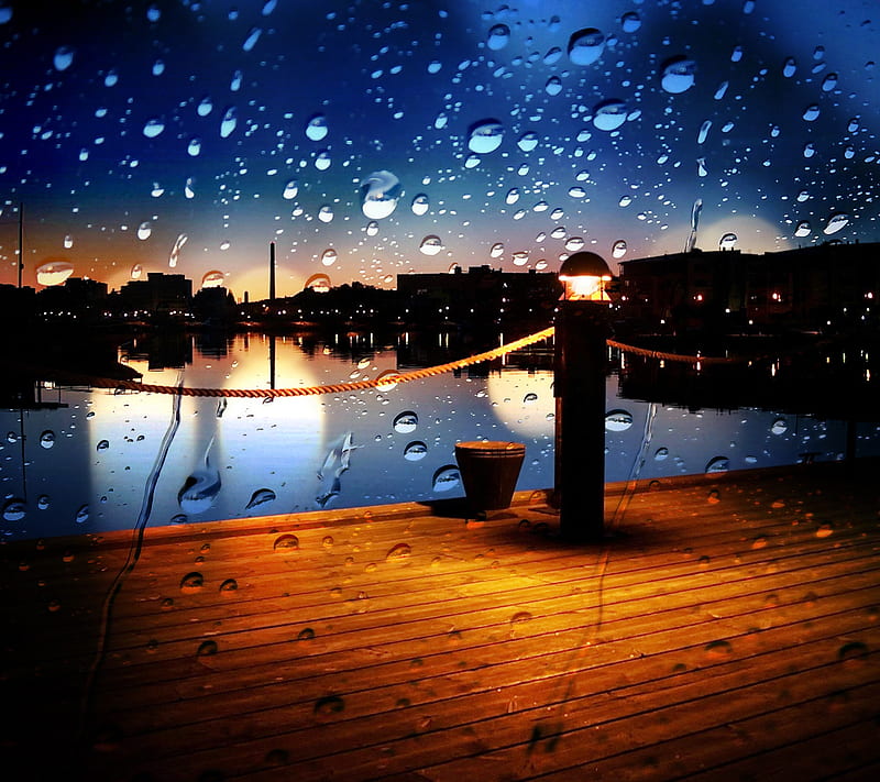 rainy night , drops, lake, nature, new, nice, rain, water, weather, wharf, HD wallpaper
