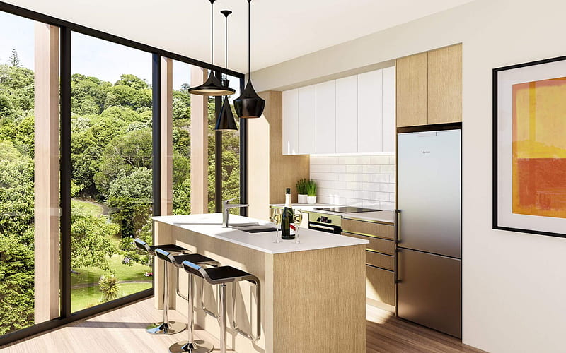 modern interior, kitchen, large windows, modern design, beige kitchen, HD wallpaper