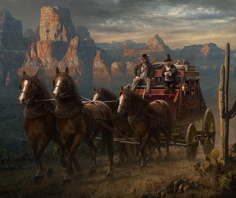 Badland Express, abstract, carriage, horses, fantasy, wild west, mountains lady, cowboys, HD wallpaper