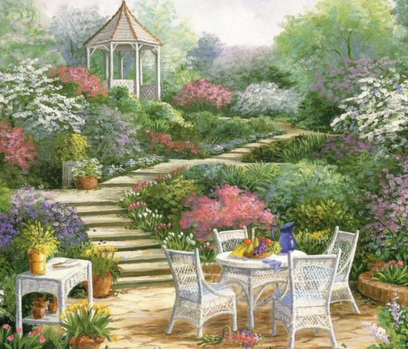 Garden Gazebo, table, chairs, flowers, garden, trees, gazebo, steps, HD wallpaper