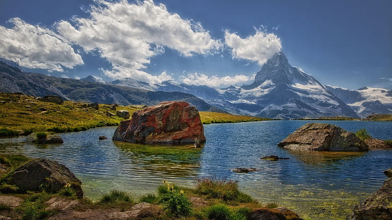 alpine lake in summer r, mountain, rocks, r, clouds, lake, HD wallpaper