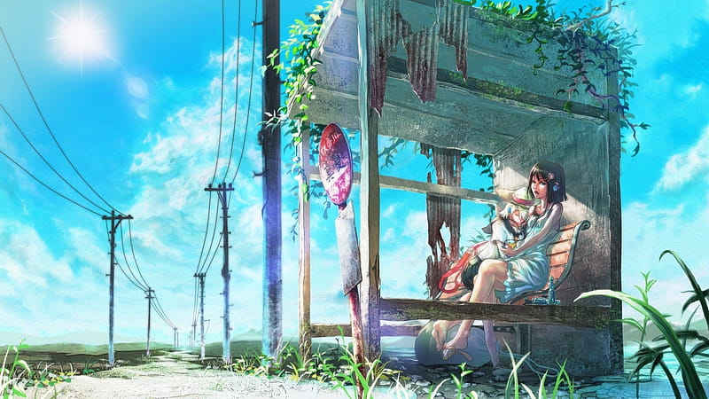 blue, hot summer, japan, sky, waiting, Station, stop, sun - !, HD wallpaper