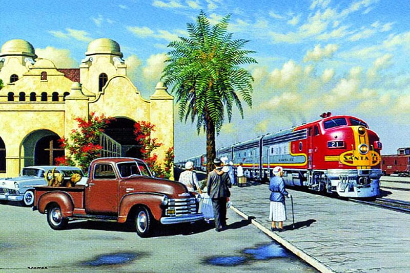 Train Station, building, railroad, car, palm, artwork, HD wallpaper