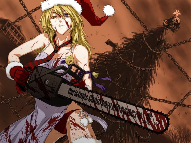 Bloody Christmas, death, girl, christmas, anime, chainsaw, blood, HD wallpaper