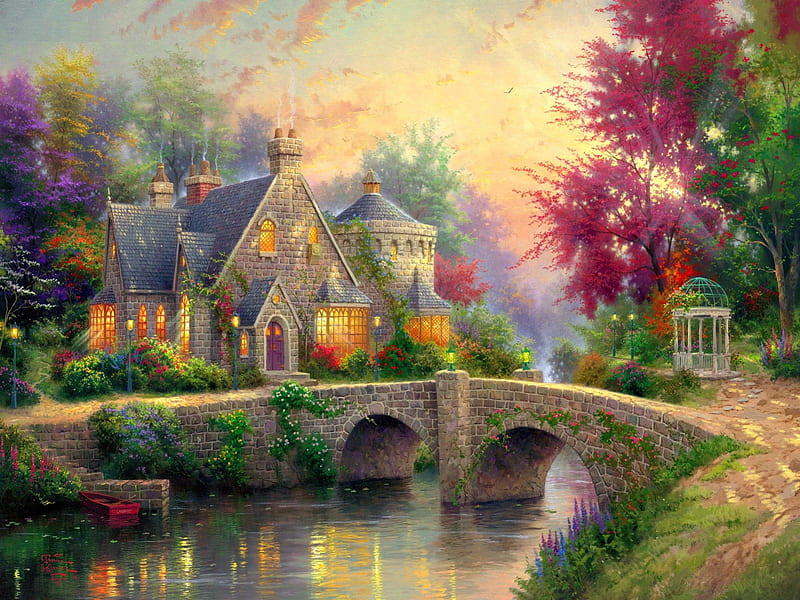 Lovely countryside place, stream, pretty, shore, house, riverbank, cabin, lights, mountain, countryside, afternoon, nice, calm, village, flowers, morning, reflection, lovely, trees, water, serenity, colorful, cottage, bonito, bridge, painting, river, forest, calmness, creek, peaceful, nature, gazebo, reflections, HD wallpaper