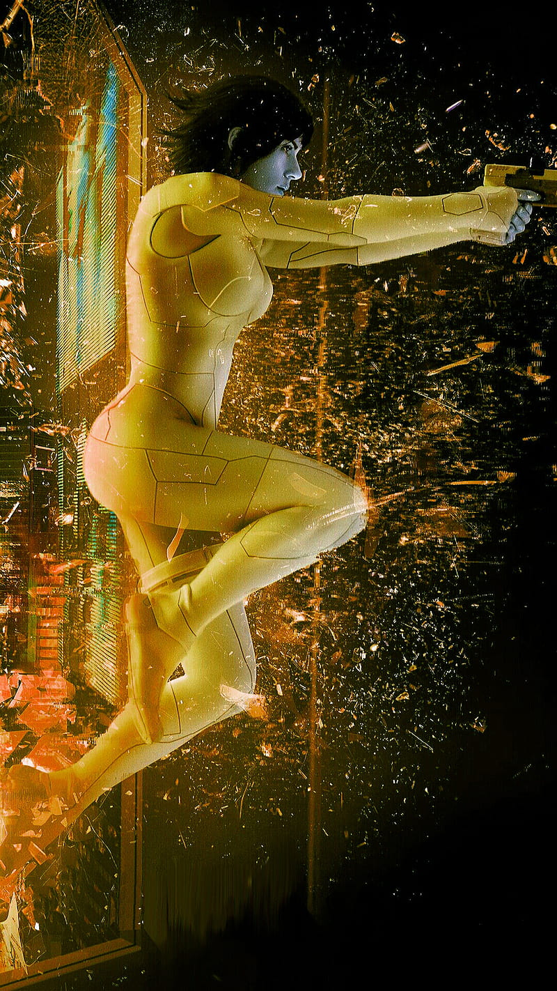 ghost in the shell, actress, cracked, dust, entertainment, female, ghost, glass, gun, jump, movie, yellow, HD phone wallpaper