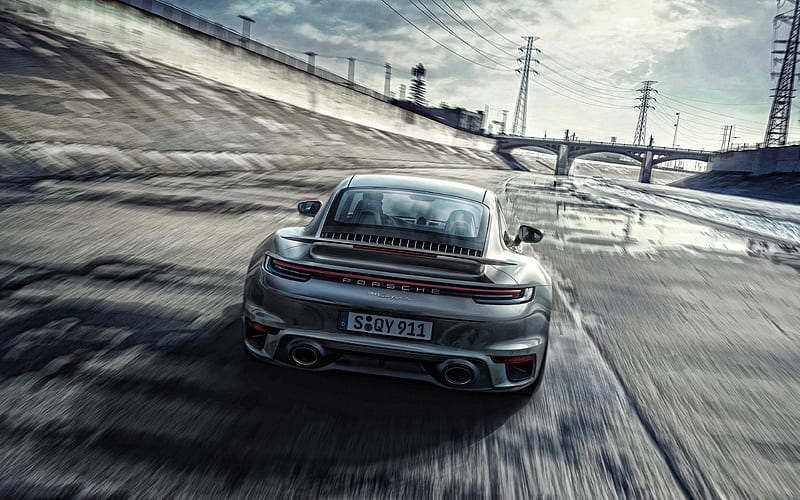 Porsche 911 Turbo S, 2021, rear view, exterior, gray sports coupe, speed concepts, new gray Porsche 911, german sports cars, Porsche, HD wallpaper