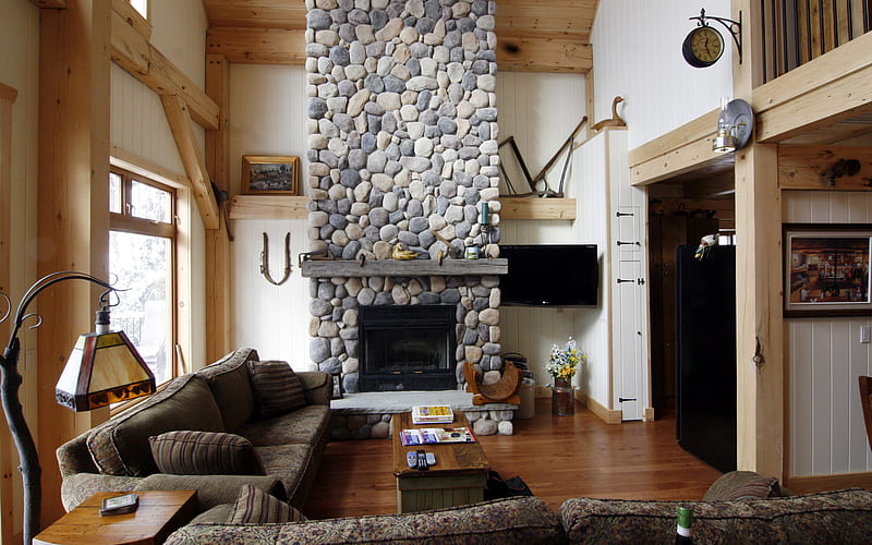 cabin livingroom with a fireplace, sitting place, lamp, window, stone fireplace, bonito, cabin, livingroom, HD wallpaper