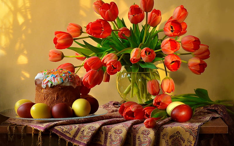 Easter still life, cake, pretty, colorful, cozy, lovely, holiday, vase, easter, spring, still life, bouquet, eggs, flowers, tulips, HD wallpaper