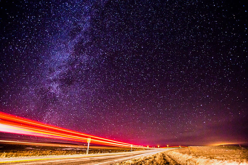 road, night, long exposure, starry sky, stars, HD wallpaper