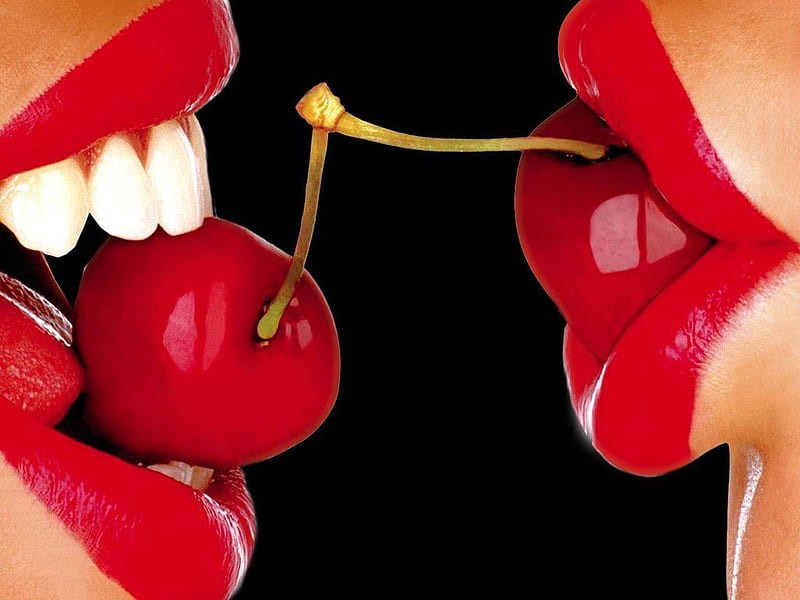 Lips !!!, red, female, lip, model, black bg, cherries, lips, sexy, women, fruit, people, hot, cherry, HD wallpaper