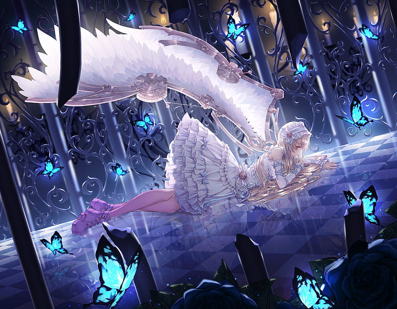 Angel, wings, butterfly, anime, lolita fashion, manga, white, blue, HD wallpaper